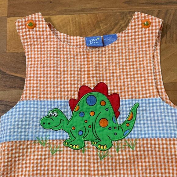 Vintage Dinosaur Orange Gingham Shorts Romper Jumper Checkered Baby Crew 24 M - Picture 4 of 13